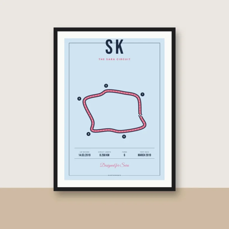 Initials circuit poster with the sample initials SK, framed on a wall