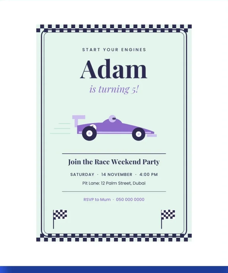 Party kit invitation with the sample name Adam